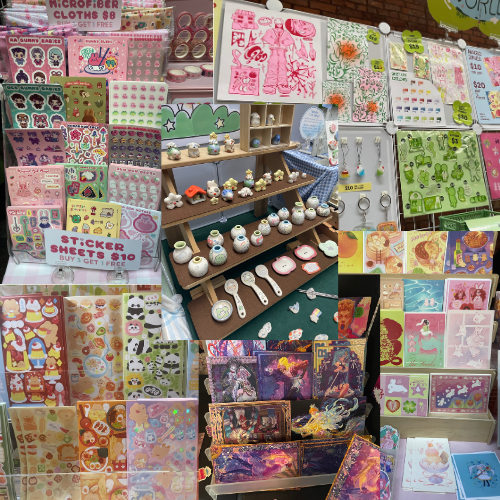 Art market with various small art prints and stickers